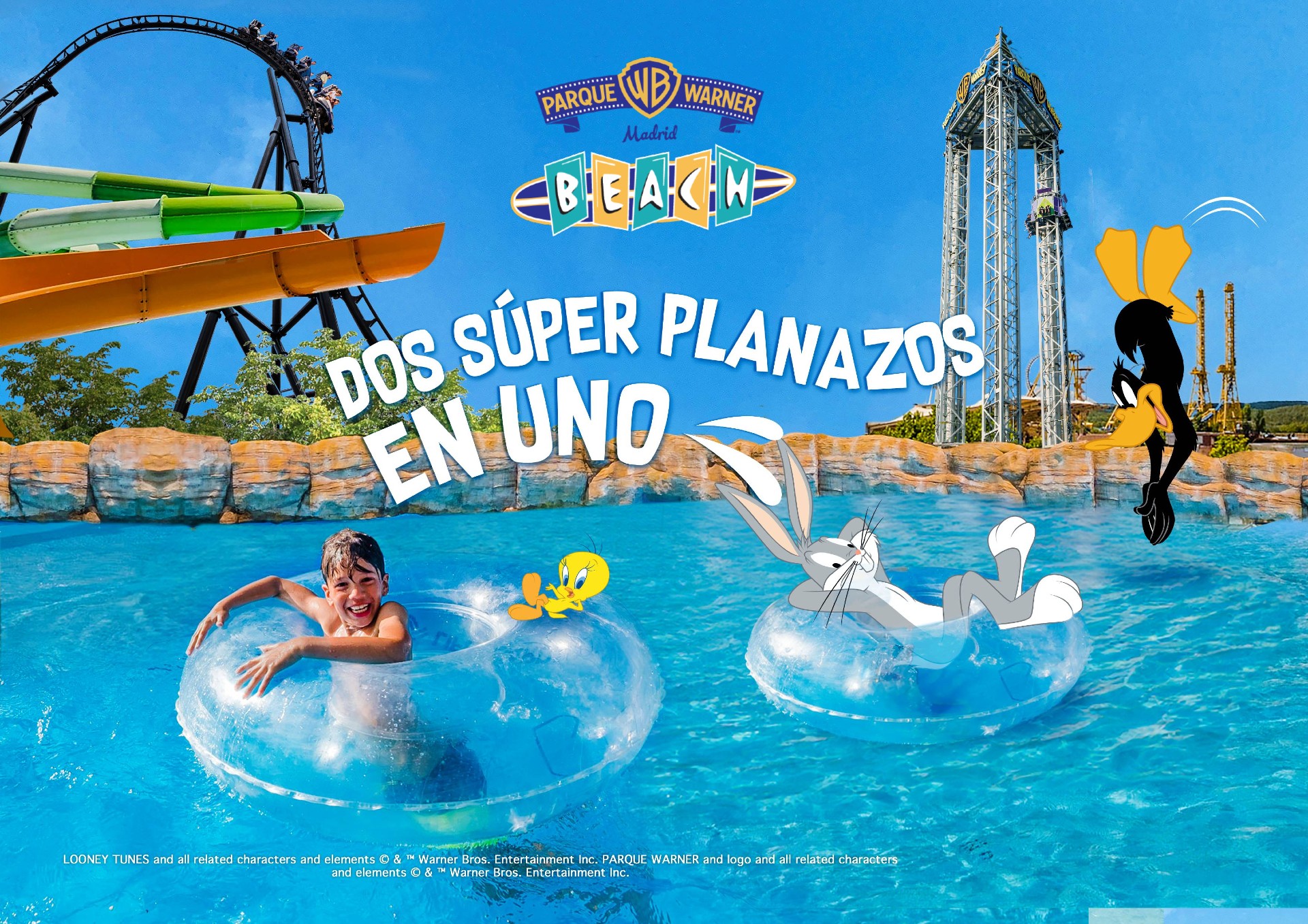 Full day at Parque Warner and Warner Beach with bus transfer from Méndez Álvaro